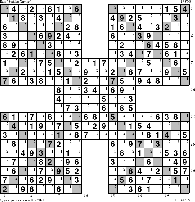 The grouppuzzles.com Easy Sudoku-Xtreme puzzle for Tuesday January 12, 2021, suitable for printing, with all 4 steps marked