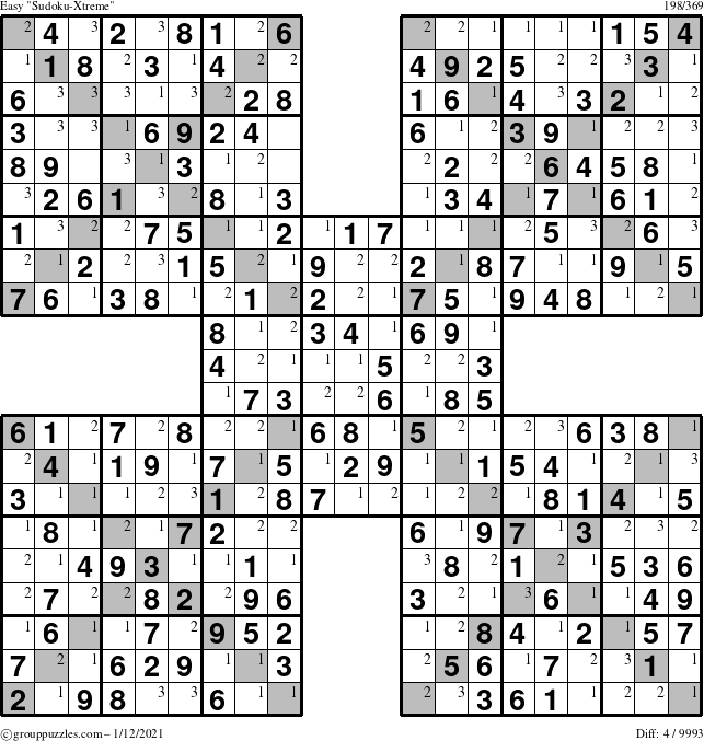 The grouppuzzles.com Easy Sudoku-Xtreme puzzle for Tuesday January 12, 2021 with the first 3 steps marked