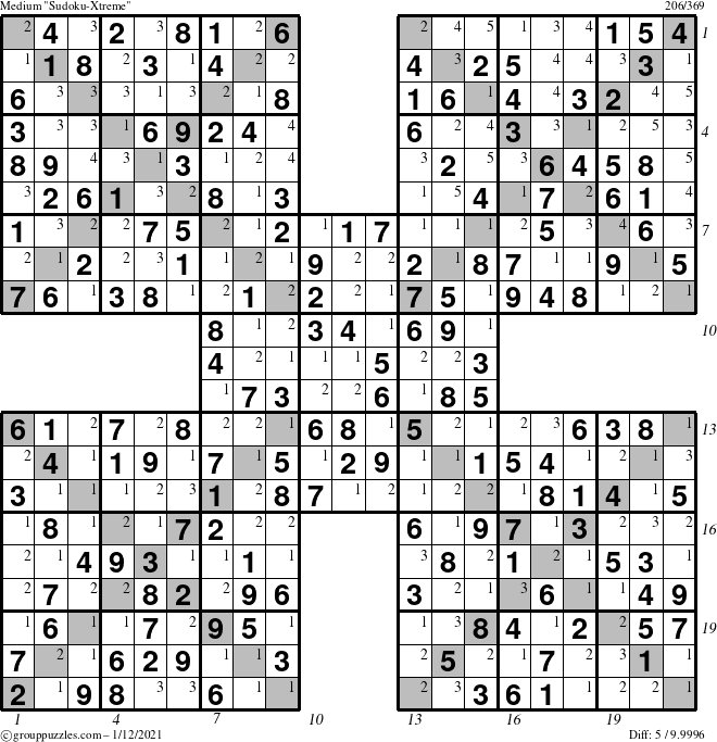 The grouppuzzles.com Medium Sudoku-Xtreme puzzle for Tuesday January 12, 2021, suitable for printing, with all 5 steps marked