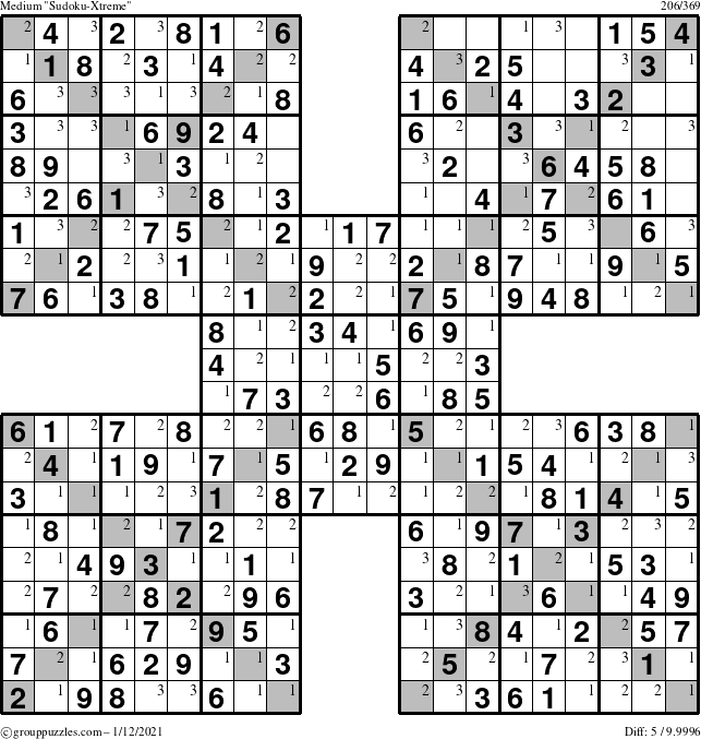 The grouppuzzles.com Medium Sudoku-Xtreme puzzle for Tuesday January 12, 2021 with the first 3 steps marked