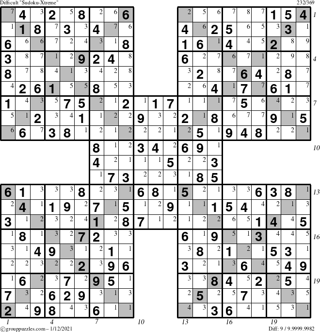 The grouppuzzles.com Difficult Sudoku-Xtreme puzzle for Tuesday January 12, 2021 with all 9 steps marked