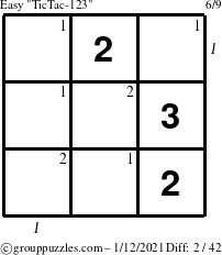 The grouppuzzles.com Easy TicTac-123 puzzle for Tuesday January 12, 2021 with all 2 steps marked