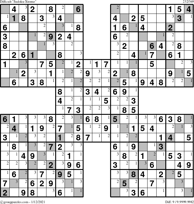 The grouppuzzles.com Difficult Sudoku-Xtreme puzzle for Tuesday January 12, 2021 with the first 3 steps marked