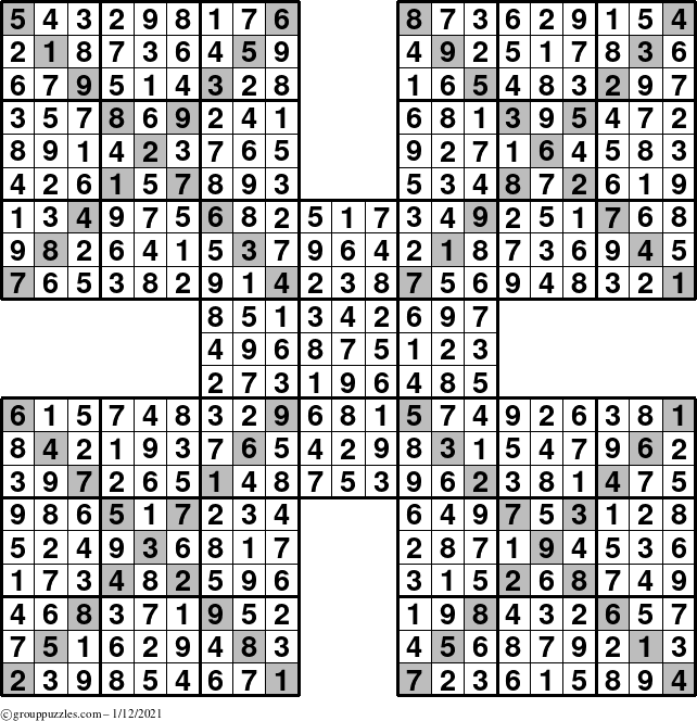 The grouppuzzles.com Answer grid for the Sudoku-Xtreme puzzle for Tuesday January 12, 2021