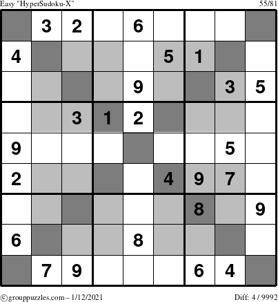 The grouppuzzles.com Easy HyperSudoku-X puzzle for Tuesday January 12, 2021