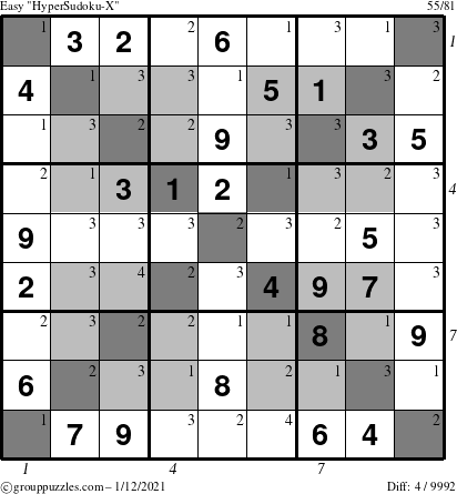 The grouppuzzles.com Easy HyperSudoku-X puzzle for Tuesday January 12, 2021 with all 4 steps marked