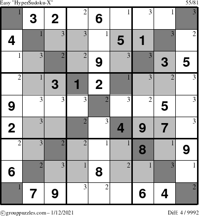 The grouppuzzles.com Easy HyperSudoku-X puzzle for Tuesday January 12, 2021 with the first 3 steps marked