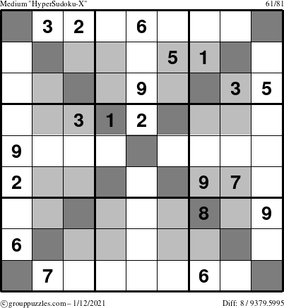 The grouppuzzles.com Medium HyperSudoku-X puzzle for Tuesday January 12, 2021