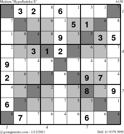 The grouppuzzles.com Medium HyperSudoku-X puzzle for Tuesday January 12, 2021 with all 8 steps marked