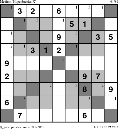 The grouppuzzles.com Medium HyperSudoku-X puzzle for Tuesday January 12, 2021 with the first 3 steps marked