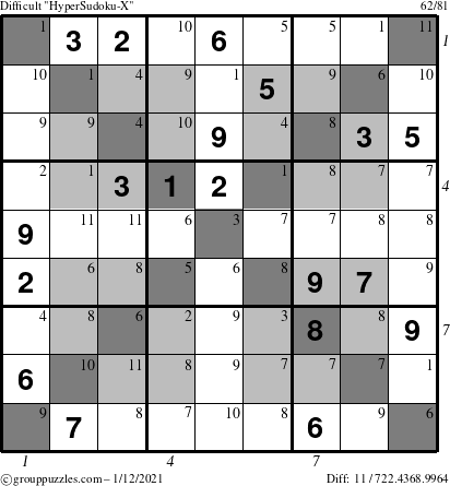 The grouppuzzles.com Difficult HyperSudoku-X puzzle for Tuesday January 12, 2021, suitable for printing, with all 11 steps marked