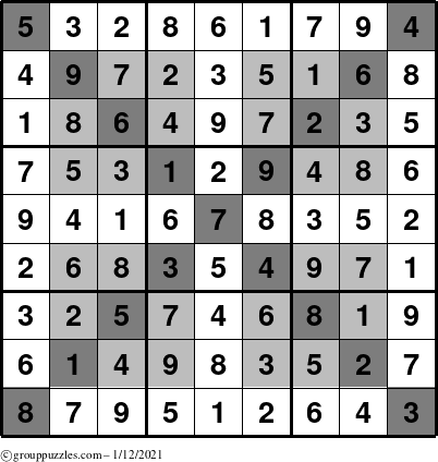 The grouppuzzles.com Answer grid for the HyperSudoku-X puzzle for Tuesday January 12, 2021