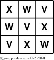 The grouppuzzles.com Answer grid for the TicTac-VWX puzzle for Wednesday December 23, 2020