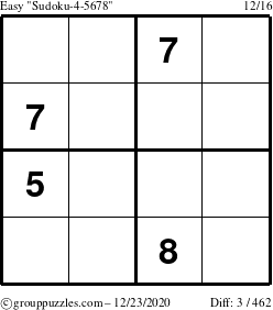 The grouppuzzles.com Easy Sudoku-4-5678 puzzle for Wednesday December 23, 2020