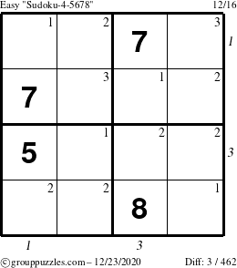 The grouppuzzles.com Easy Sudoku-4-5678 puzzle for Wednesday December 23, 2020 with all 3 steps marked