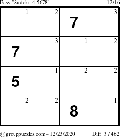 The grouppuzzles.com Easy Sudoku-4-5678 puzzle for Wednesday December 23, 2020 with the first 3 steps marked