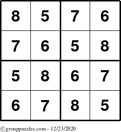 The grouppuzzles.com Answer grid for the Sudoku-4-5678 puzzle for Wednesday December 23, 2020