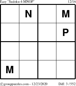 The grouppuzzles.com Easy Sudoku-4-MNOP puzzle for Wednesday December 23, 2020