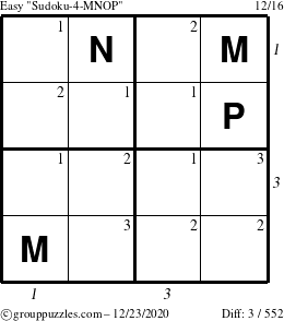 The grouppuzzles.com Easy Sudoku-4-MNOP puzzle for Wednesday December 23, 2020 with all 3 steps marked