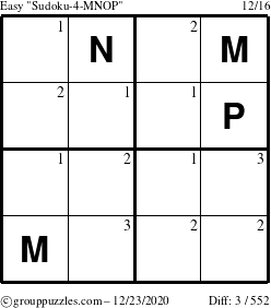 The grouppuzzles.com Easy Sudoku-4-MNOP puzzle for Wednesday December 23, 2020 with the first 3 steps marked