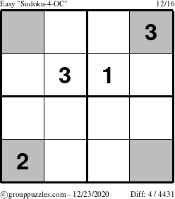 The grouppuzzles.com Easy Sudoku-4-OC puzzle for Wednesday December 23, 2020