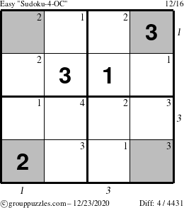 The grouppuzzles.com Easy Sudoku-4-OC puzzle for Wednesday December 23, 2020 with all 4 steps marked