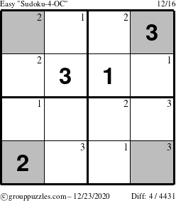 The grouppuzzles.com Easy Sudoku-4-OC puzzle for Wednesday December 23, 2020 with the first 3 steps marked