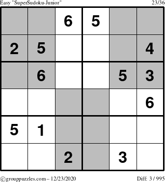 The grouppuzzles.com Easy SuperSudoku-Junior puzzle for Wednesday December 23, 2020