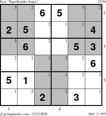 The grouppuzzles.com Easy SuperSudoku-Junior puzzle for Wednesday December 23, 2020, suitable for printing, with all 3 steps marked