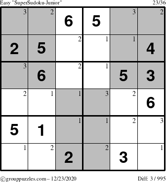 The grouppuzzles.com Easy SuperSudoku-Junior puzzle for Wednesday December 23, 2020 with the first 3 steps marked