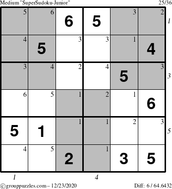 The grouppuzzles.com Medium SuperSudoku-Junior puzzle for Wednesday December 23, 2020 with all 6 steps marked