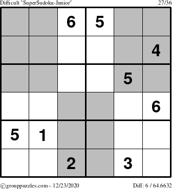 The grouppuzzles.com Difficult SuperSudoku-Junior puzzle for Wednesday December 23, 2020