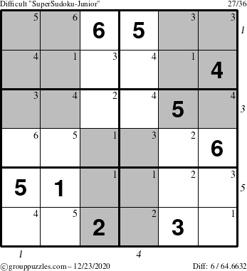 The grouppuzzles.com Difficult SuperSudoku-Junior puzzle for Wednesday December 23, 2020 with all 6 steps marked