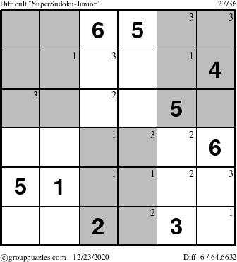 The grouppuzzles.com Difficult SuperSudoku-Junior puzzle for Wednesday December 23, 2020 with the first 3 steps marked