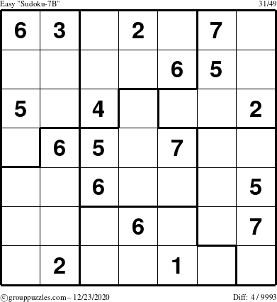 The grouppuzzles.com Easy Sudoku-7B puzzle for Wednesday December 23, 2020