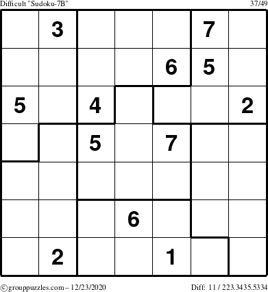 The grouppuzzles.com Difficult Sudoku-7B puzzle for Wednesday December 23, 2020