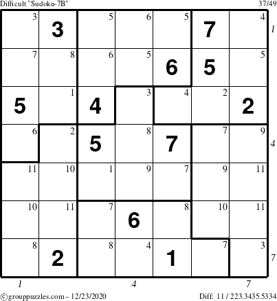 The grouppuzzles.com Difficult Sudoku-7B puzzle for Wednesday December 23, 2020, suitable for printing, with all 11 steps marked