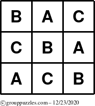 The grouppuzzles.com Answer grid for the TicTac-ABC puzzle for Wednesday December 23, 2020