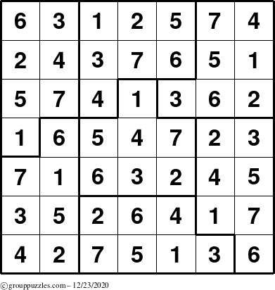 The grouppuzzles.com Answer grid for the Sudoku-7B puzzle for Wednesday December 23, 2020