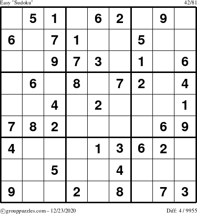 The grouppuzzles.com Easy Sudoku puzzle for Wednesday December 23, 2020