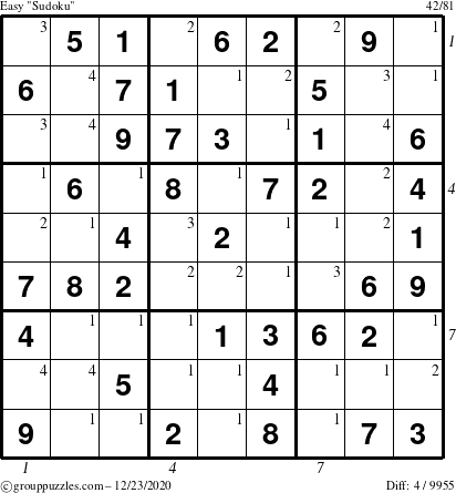 The grouppuzzles.com Easy Sudoku puzzle for Wednesday December 23, 2020 with all 4 steps marked