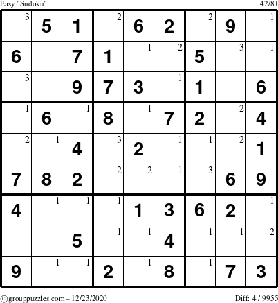 The grouppuzzles.com Easy Sudoku puzzle for Wednesday December 23, 2020 with the first 3 steps marked