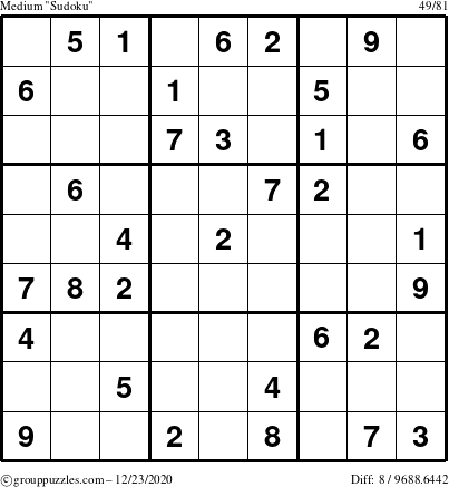 The grouppuzzles.com Medium Sudoku puzzle for Wednesday December 23, 2020