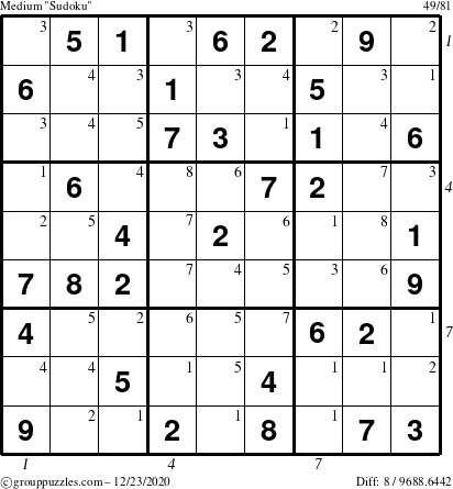 The grouppuzzles.com Medium Sudoku puzzle for Wednesday December 23, 2020, suitable for printing, with all 8 steps marked