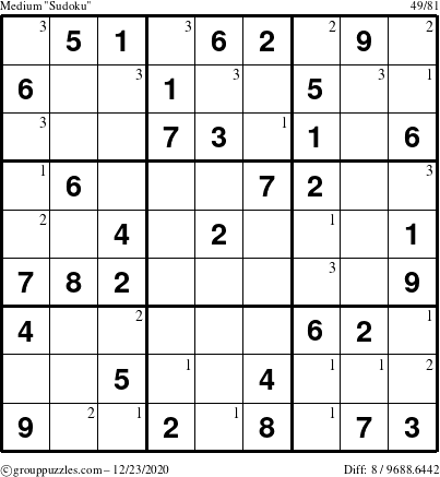 The grouppuzzles.com Medium Sudoku puzzle for Wednesday December 23, 2020 with the first 3 steps marked