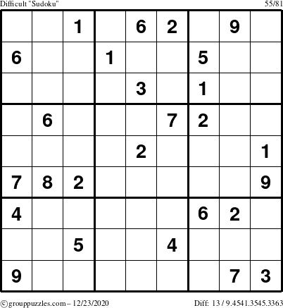 The grouppuzzles.com Difficult Sudoku puzzle for Wednesday December 23, 2020