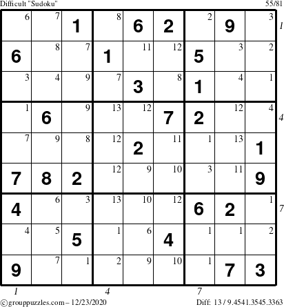 The grouppuzzles.com Difficult Sudoku puzzle for Wednesday December 23, 2020 with all 13 steps marked