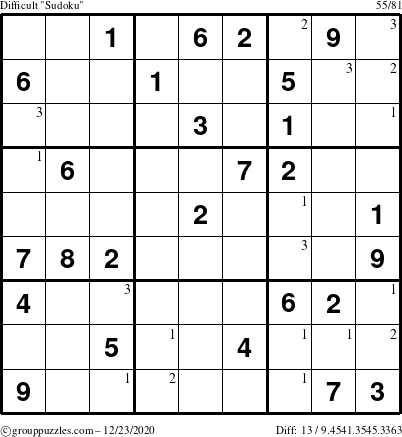 The grouppuzzles.com Difficult Sudoku puzzle for Wednesday December 23, 2020 with the first 3 steps marked