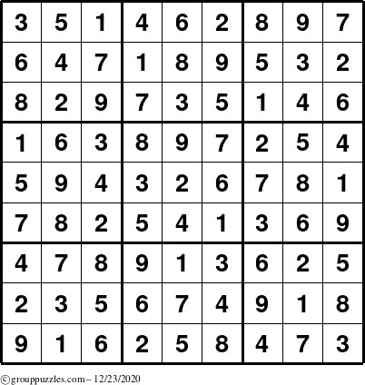 The grouppuzzles.com Answer grid for the Sudoku puzzle for Wednesday December 23, 2020