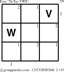 The grouppuzzles.com Easy TicTac-VWX puzzle for Wednesday December 23, 2020 with all 2 steps marked